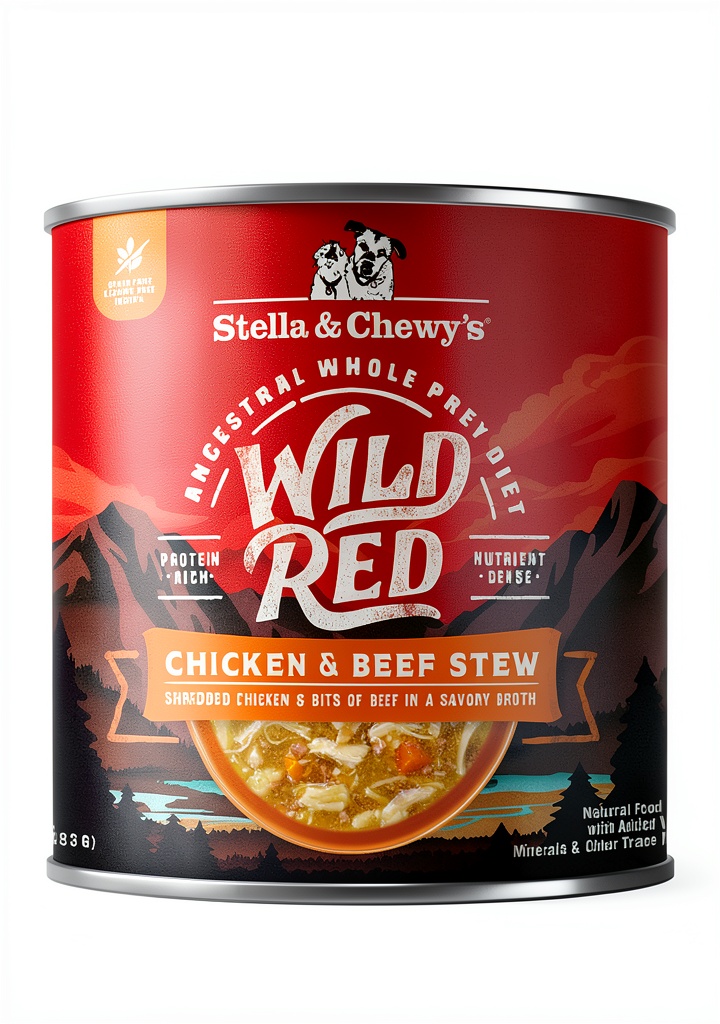 Stella Chewys Wild Red dog food stew in a bowl with chicken and beef