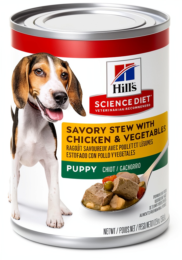 Hills Science Diet Puppy Food cans displayed on a kitchen counter