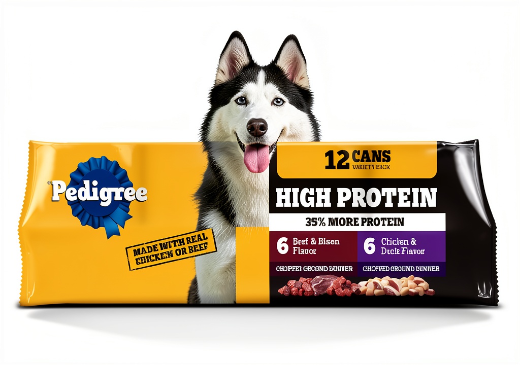 Pedigree High Protein Wet Dog Food variety pack displayed with cans open showing gravy texture