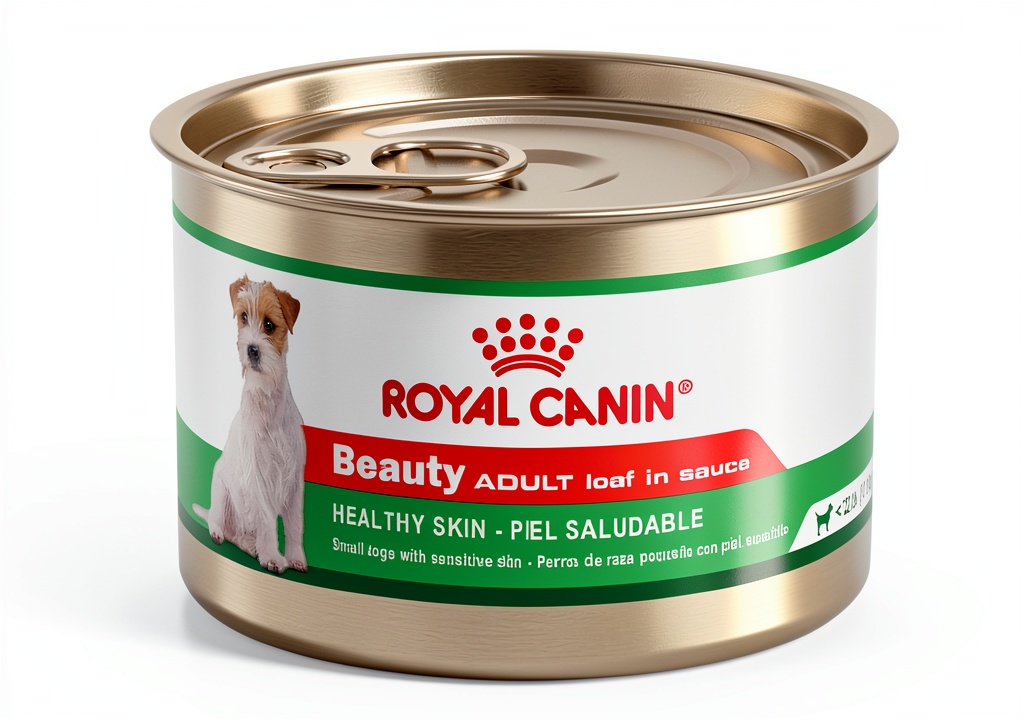Royal Canin Adult Dog Food Loaf in Sauce cans displayed with food served in stainless steel bowl
