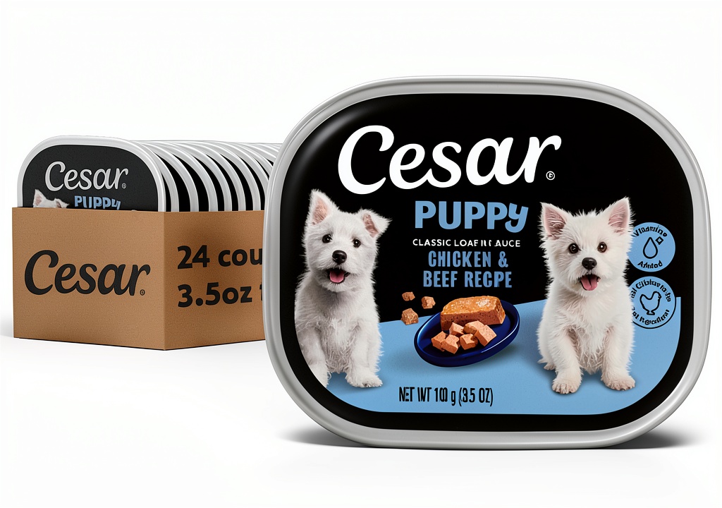 'Cesar Puppy Wet Dog Food tray with peel-away seal on a kitchen counter'