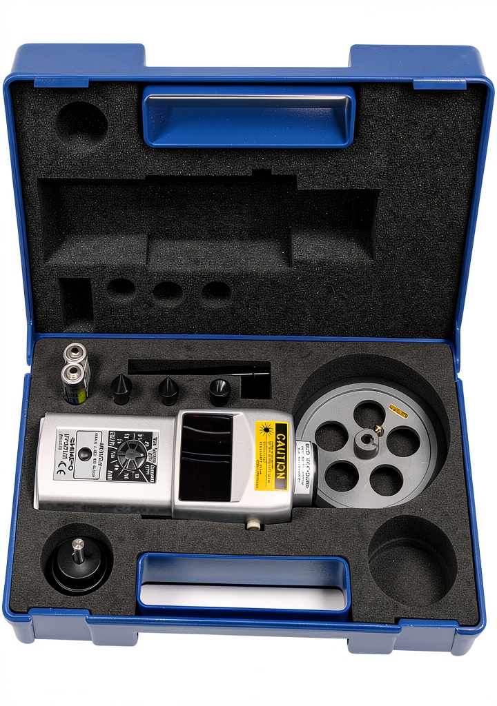 Shimpo tachometer measuring motor speed in an industrial setting